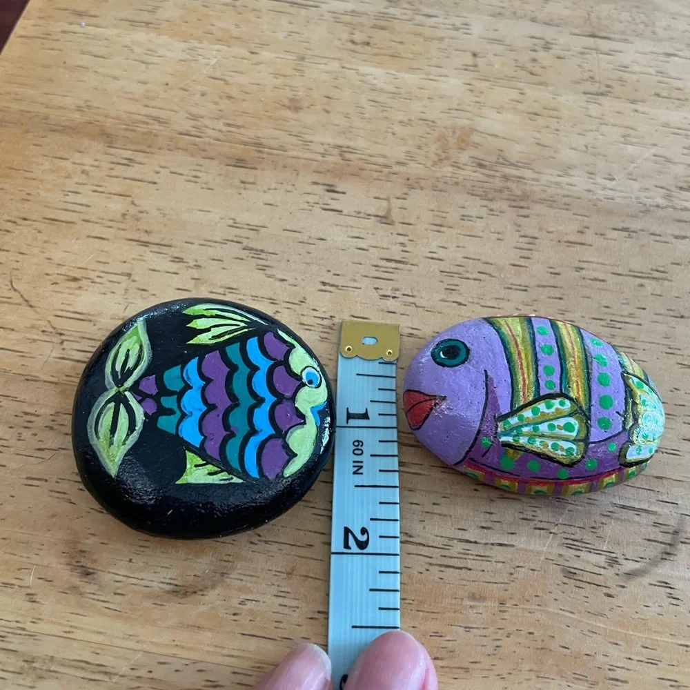 Hand crafted painted fish rocks set of 2 blue purple black yellow dots 2x2 inch